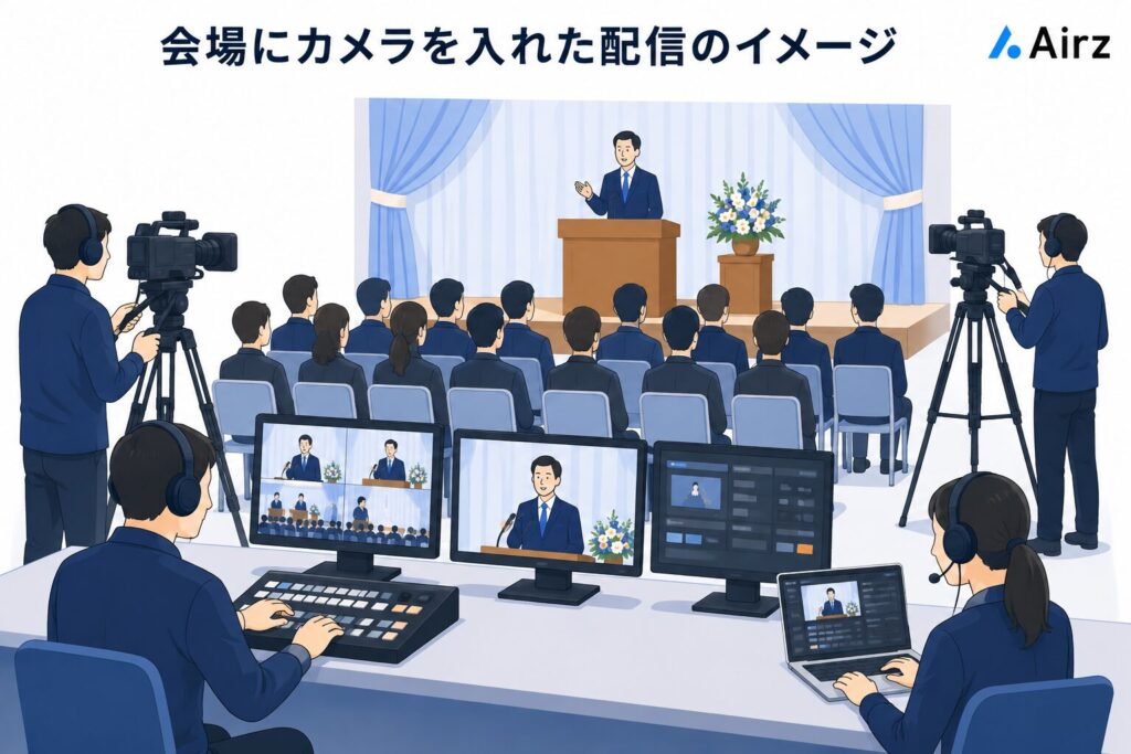 会場にカメラを入れた内定式のオンライン配信現場のイメージ